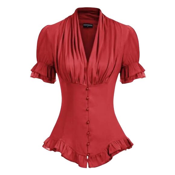Scarlet Darkness Victorian Pleated Shirt Lace Up Work Blouse Plus Size XXL - Picture 1 of 6
